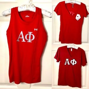 Set of 3 red Alpha Phi letters, under armour tank top, slim fit v neck tees